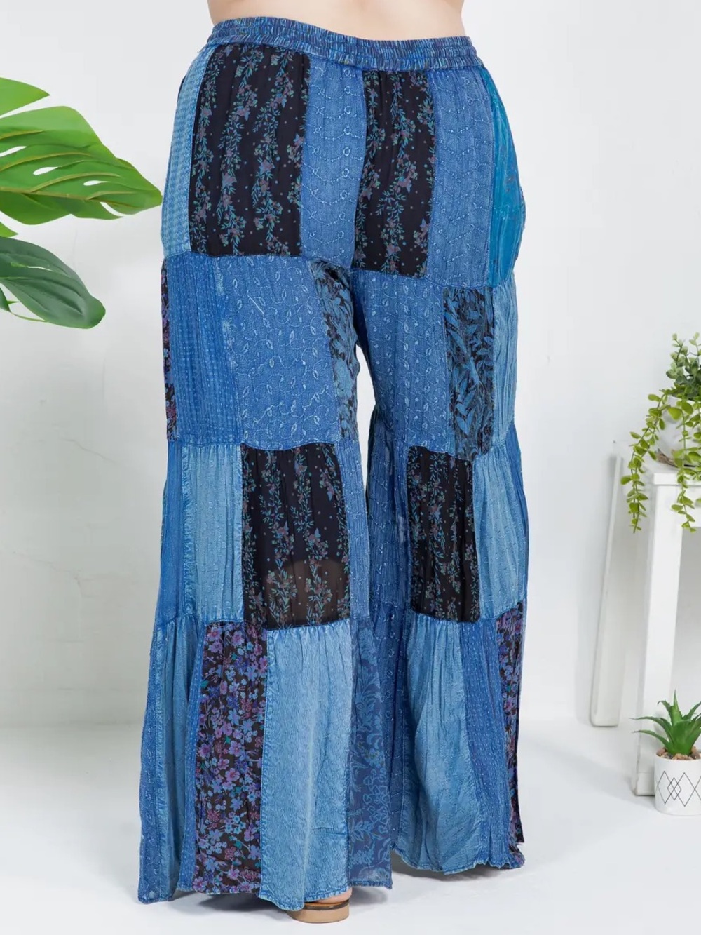 YOUNG THREADS Boho Patchwork Wide Leg Palazzo Pants - Blue - Picture 5 of 6